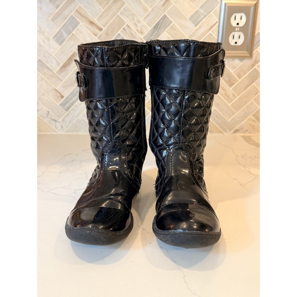 Girls Black Patent Quilted Mid Calf Boots Rhinestone Heart Buckle Size 4